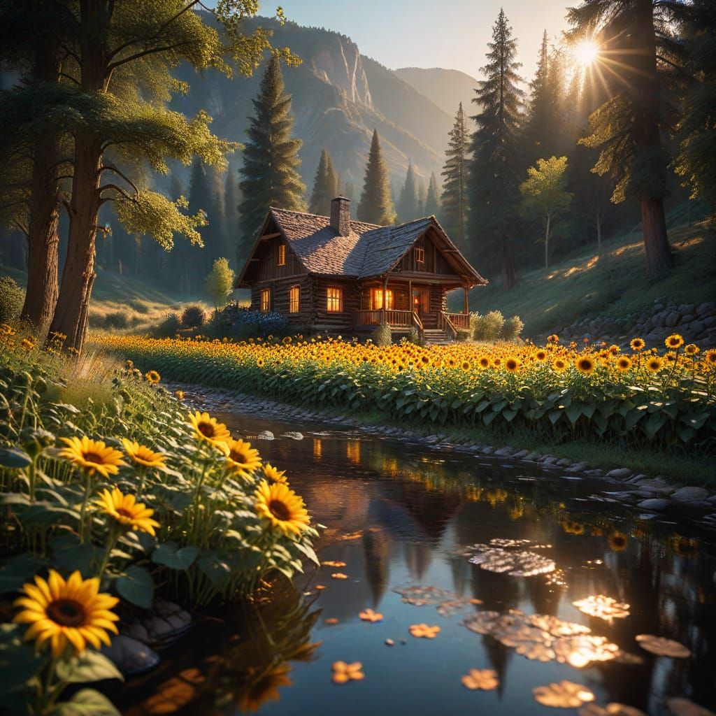 Sunflower Valley Cabin at Twilight as Oil Painting