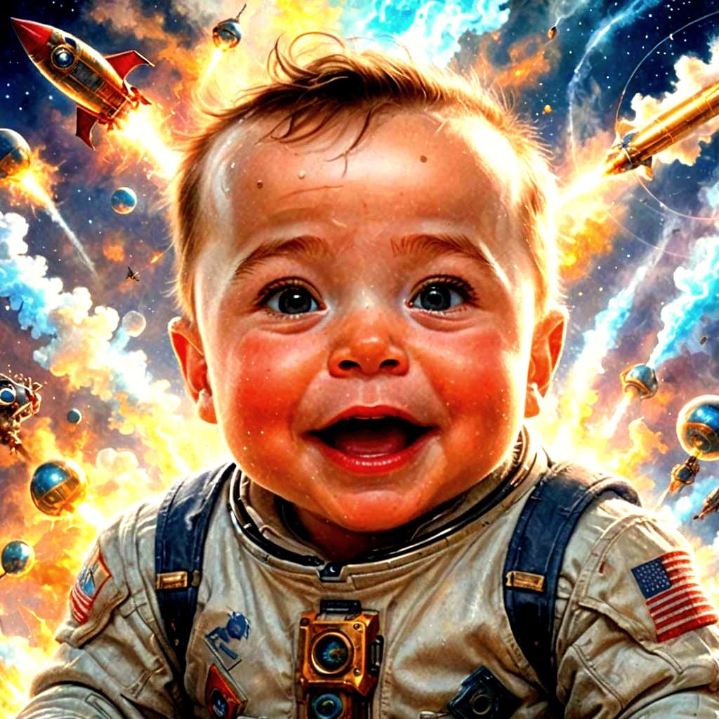 Hyperrealistic Baby Elon Musk Playing with Rocket