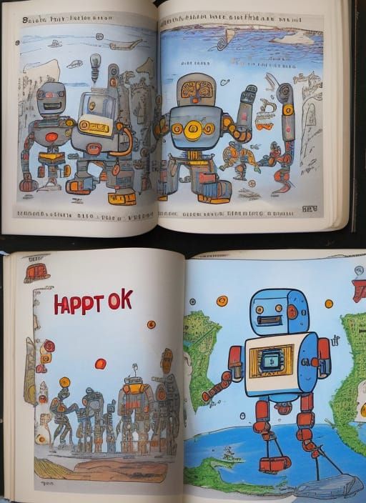 Happy Robots Reading Book at Earth's Core