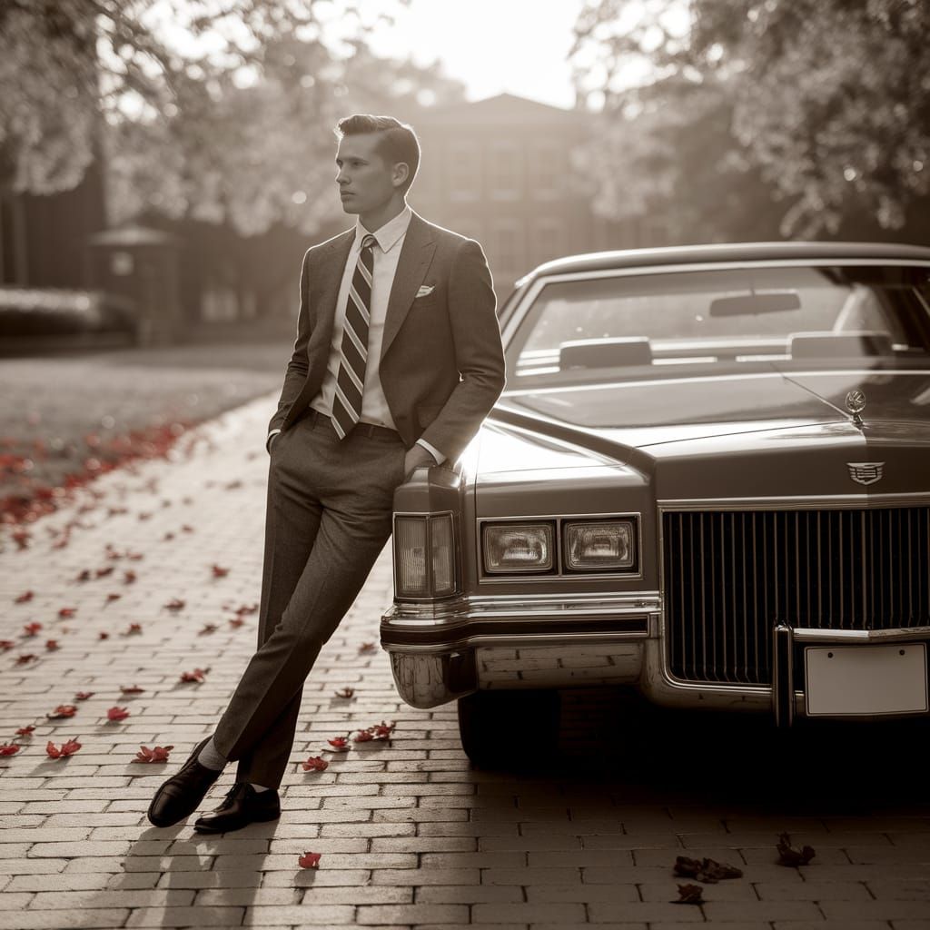 Monochrome Photo of Man in Suit Leaning on Cadillac
