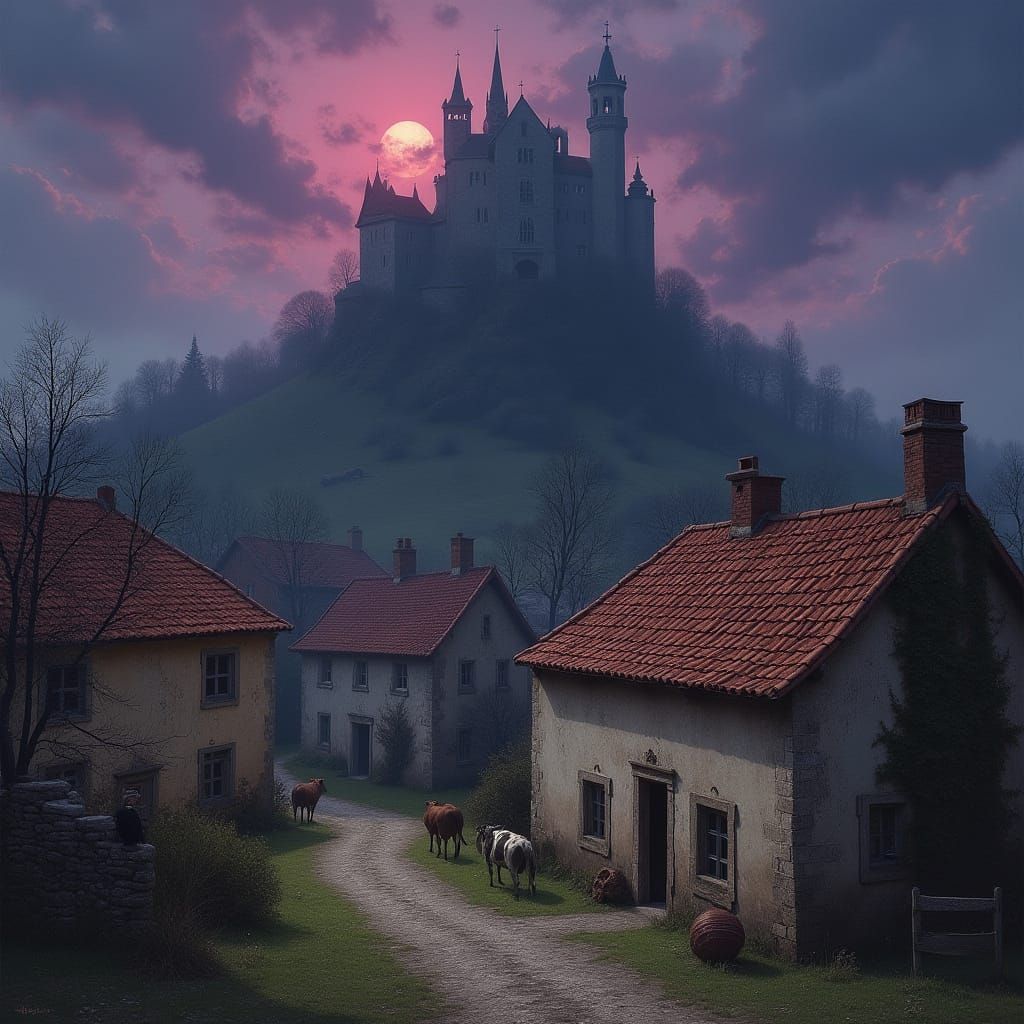 Eerie Farm Village Under Dark Castle Skies