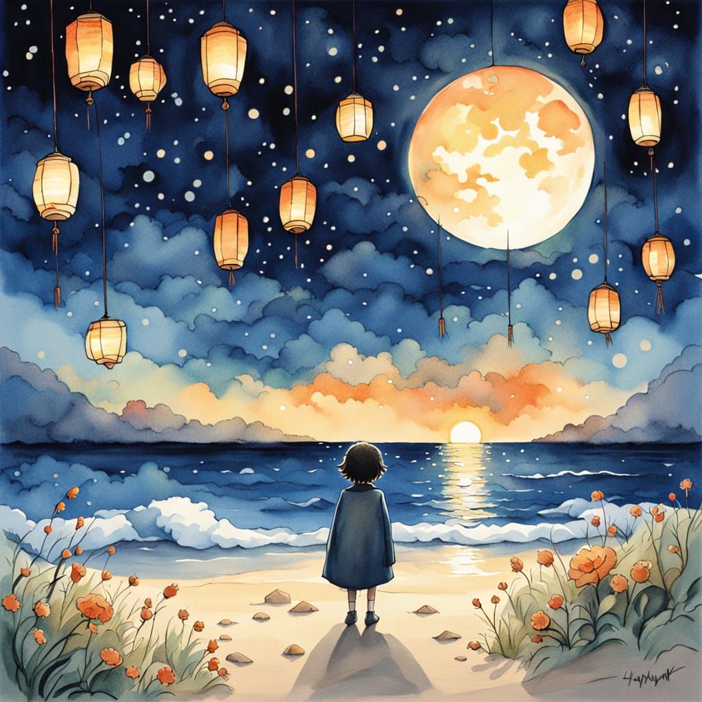 Magical Beach Campfire in Anime Style