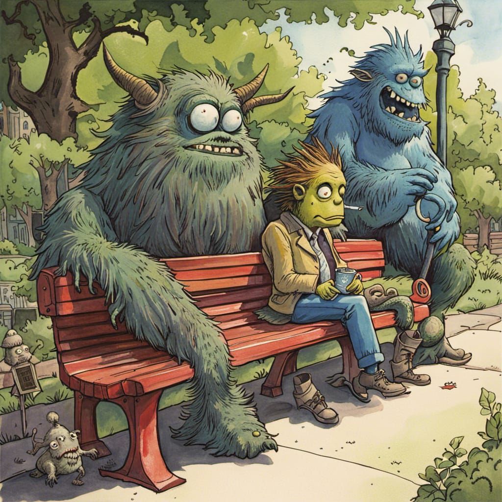 Monsters Gather on a Park Bench, Graphic Novel Style