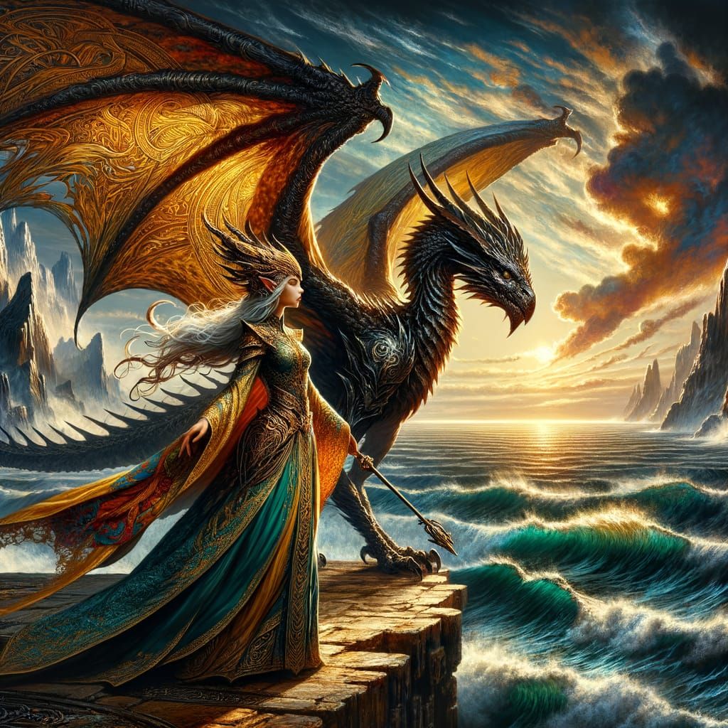 Elven Princess and Wyvern Overlook Fantasy Sea