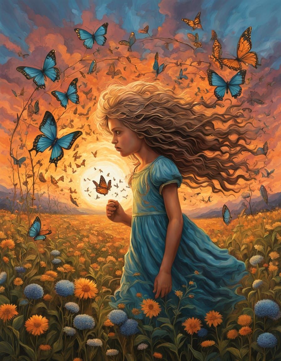 Surreal Sculpture: Child in Wildflower Field at Sunset