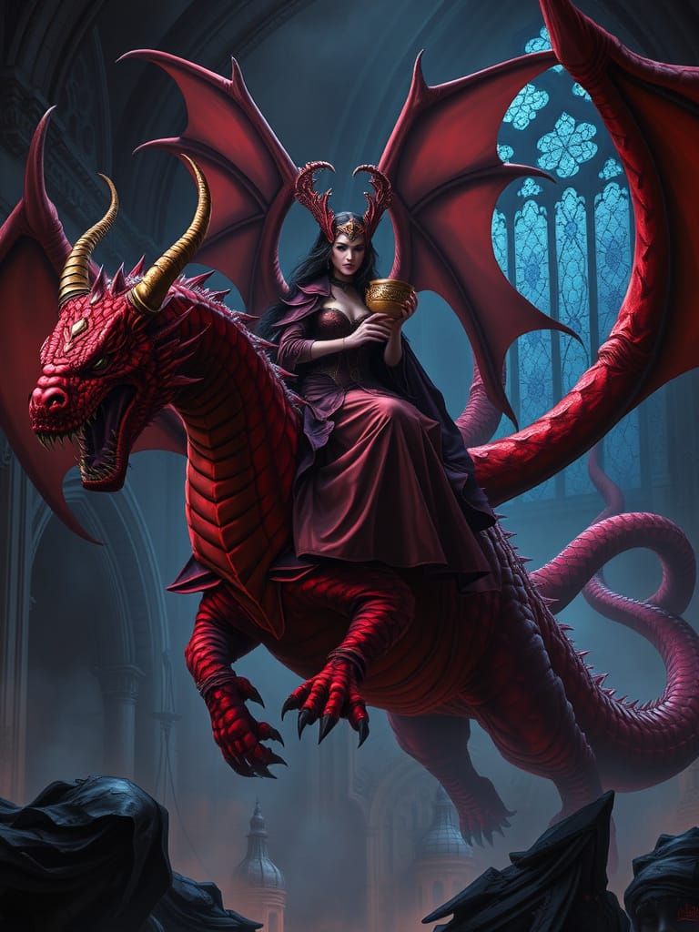 Gothic Woman on Dragon Stained Glass Art