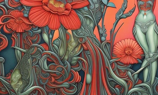 Whimsical Garden Illustration in Art Nouveau Style