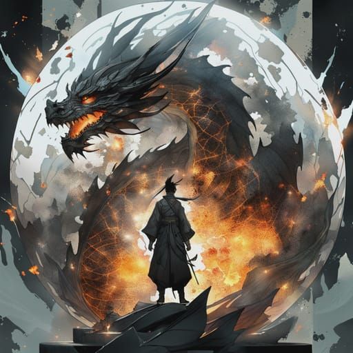 Dragon Warlock Double Exposure in Manhwa Art Style