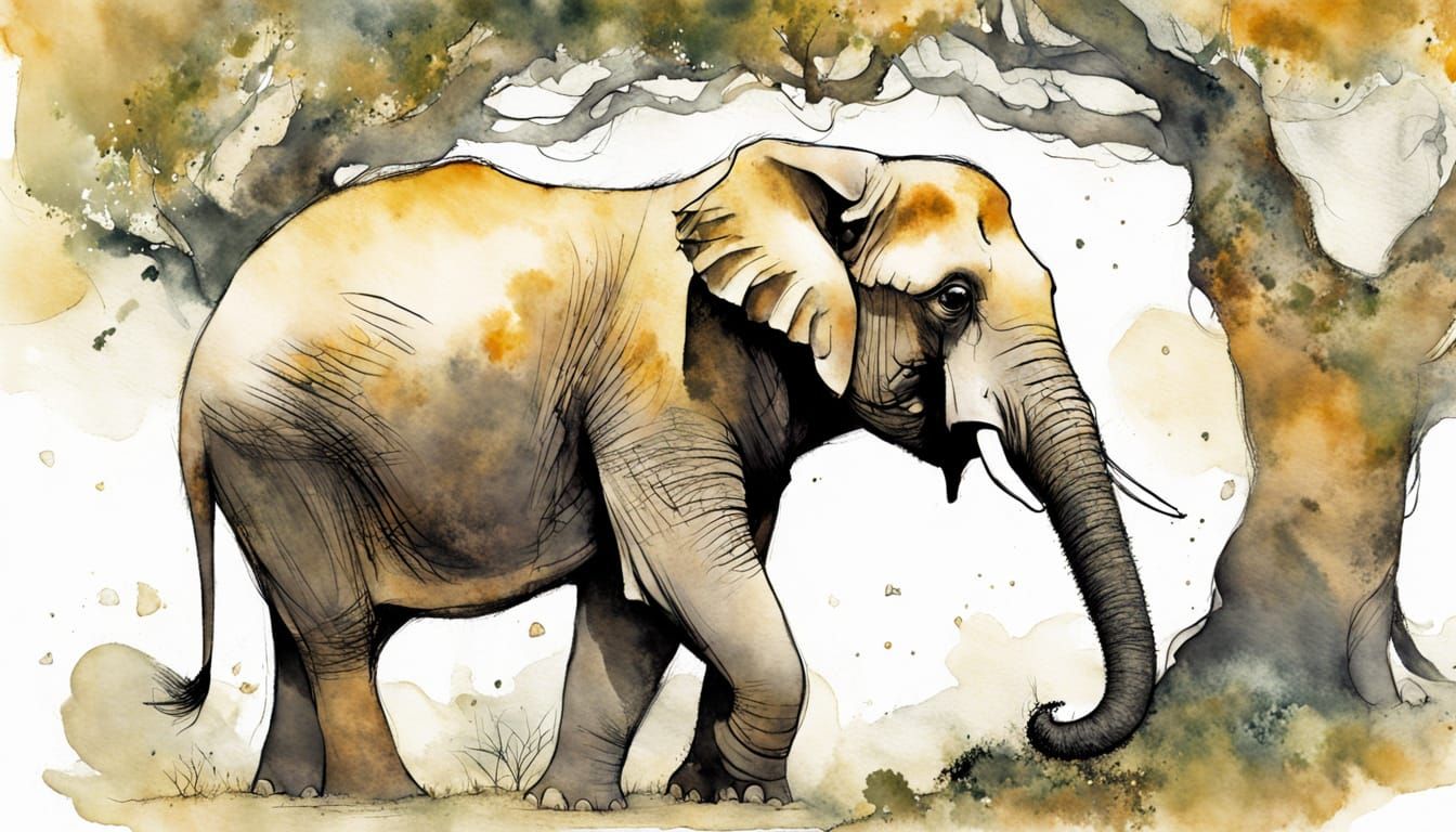 Elephant Resting Under Tree in Amber Tones