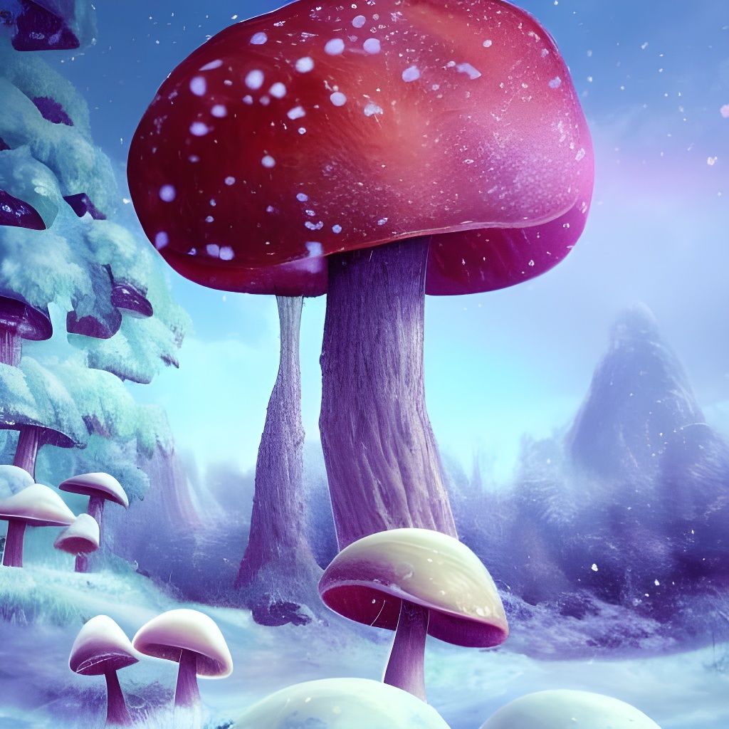 Snowy Landscape with Towering Mushrooms in Hyperrealistic St...