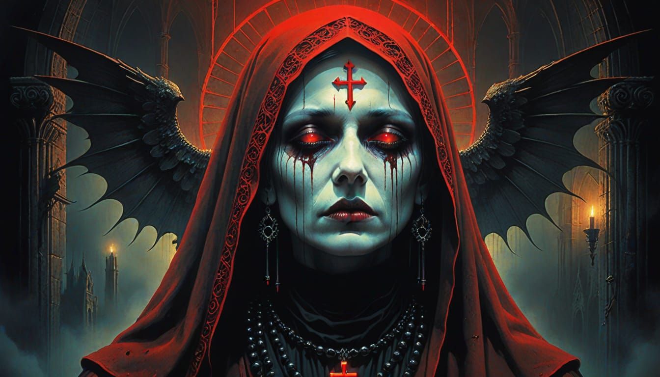 Gothic Nun Portrait with Neon Accents