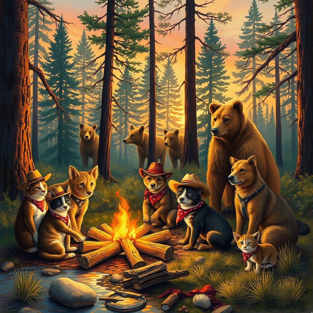Whimsical Western Pets Gather Around a Sunset Campfire