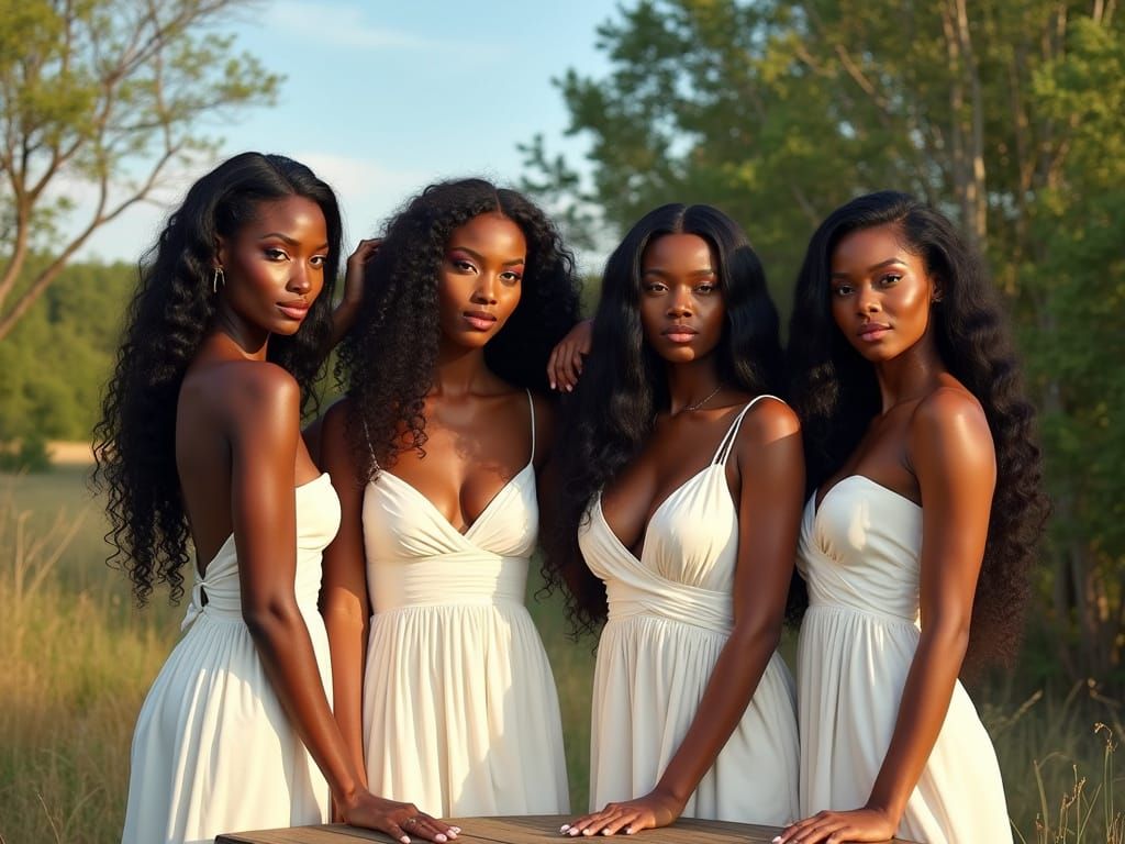 Four Elegant Black Women in White Gowns Pose with Confidence