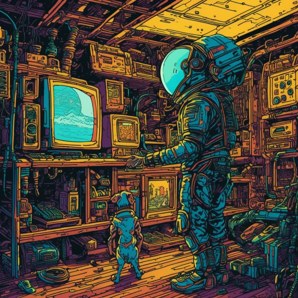 Alien Scans Retro Basement in Comic Book Art