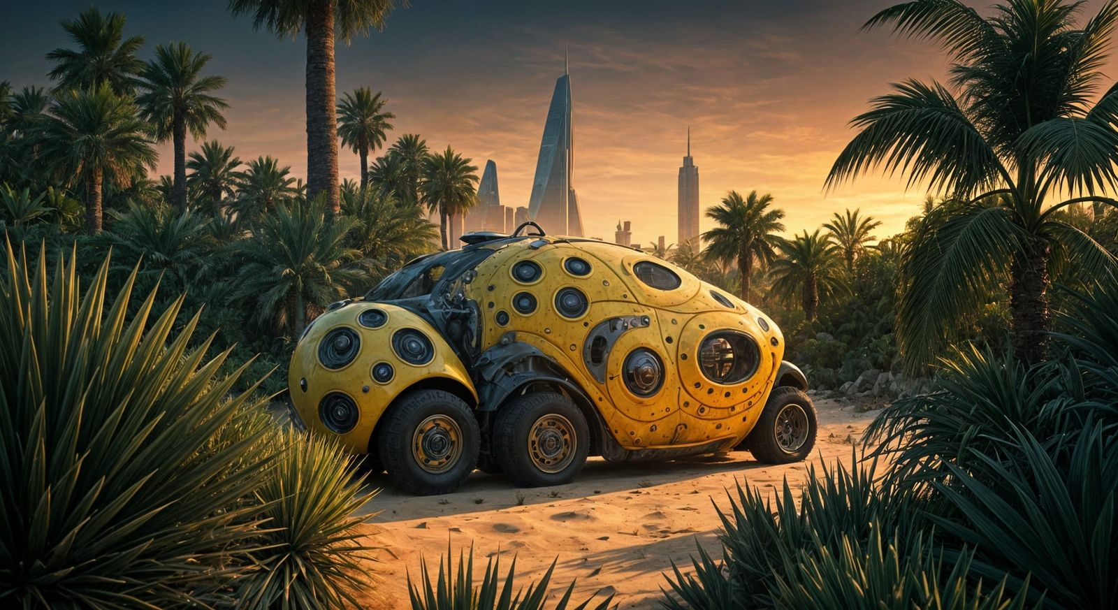 Surreal Futuristic Land Transport in Cyberpunk Aesthetic