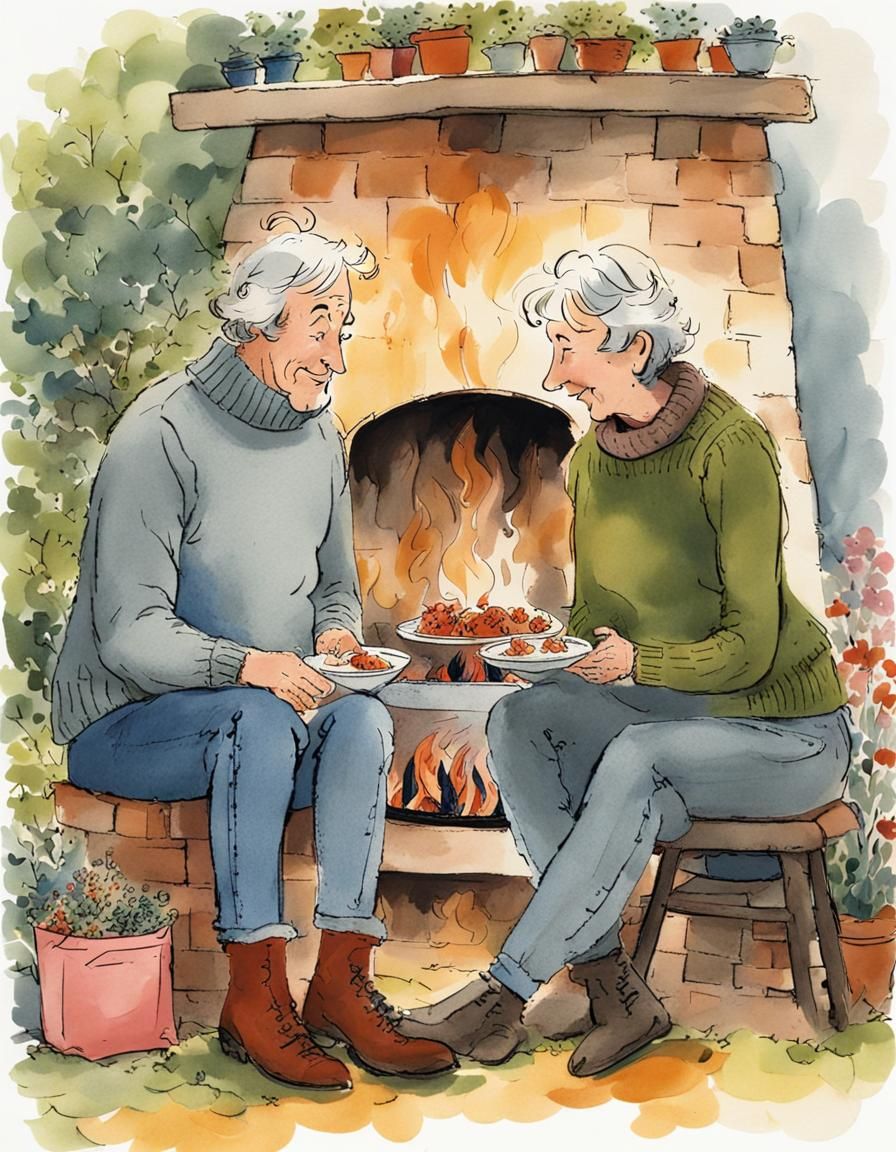Couple Relaxing by BBQ in Whimsical Style