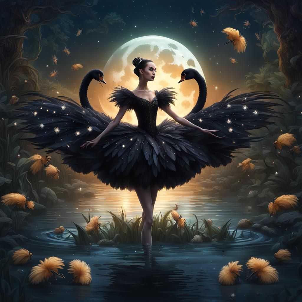 Black Swan Ballerina in Pond Fantasy Art