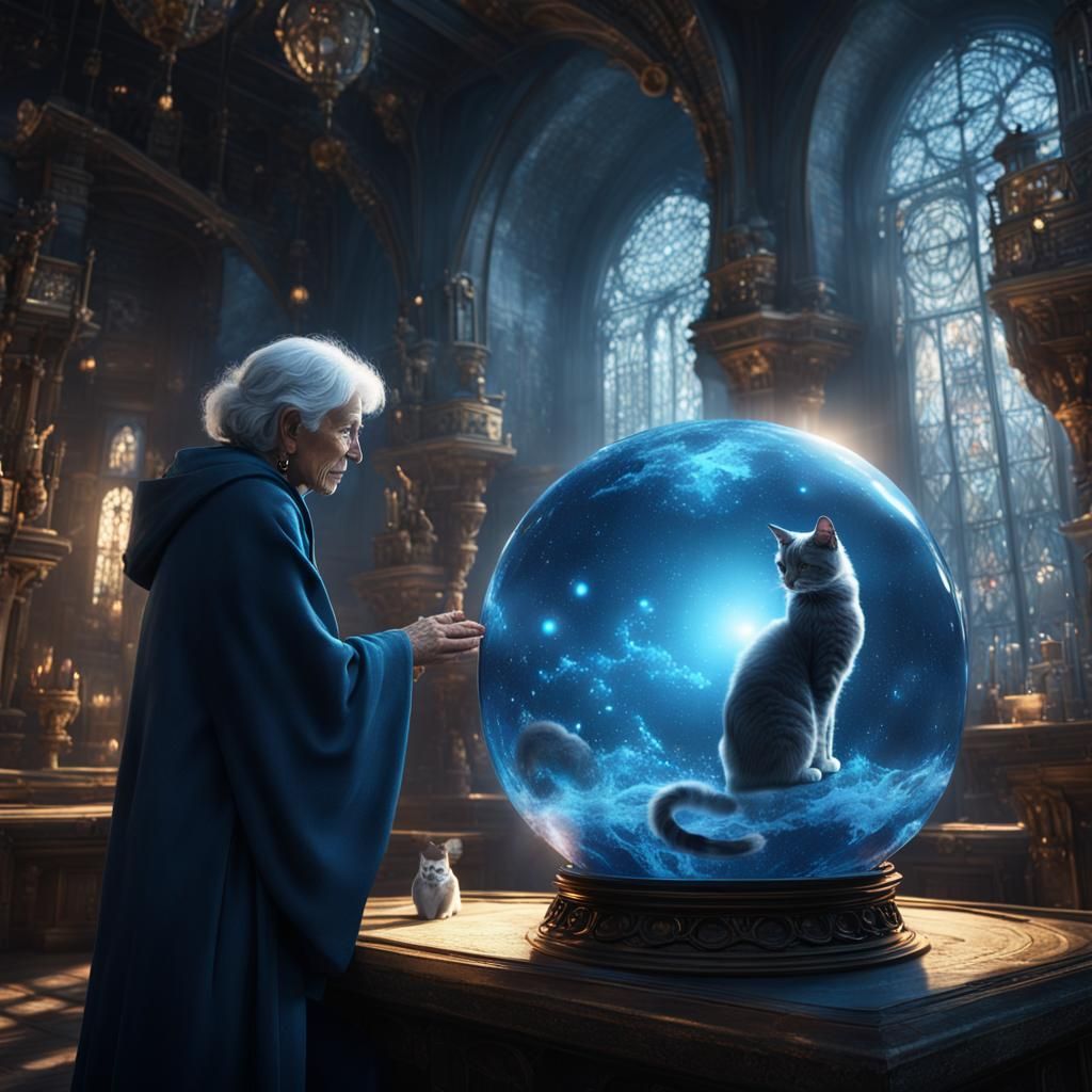 Mysterious Woman Gazing into Sphere with Cats
