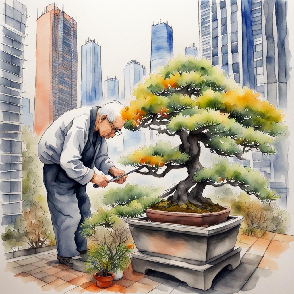 Watercolor Bonsai Garden Amidst Skyscrapers