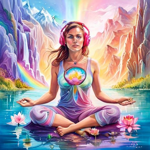Girl Meditating in Rainbow Fantasy Landscape, Splash Art