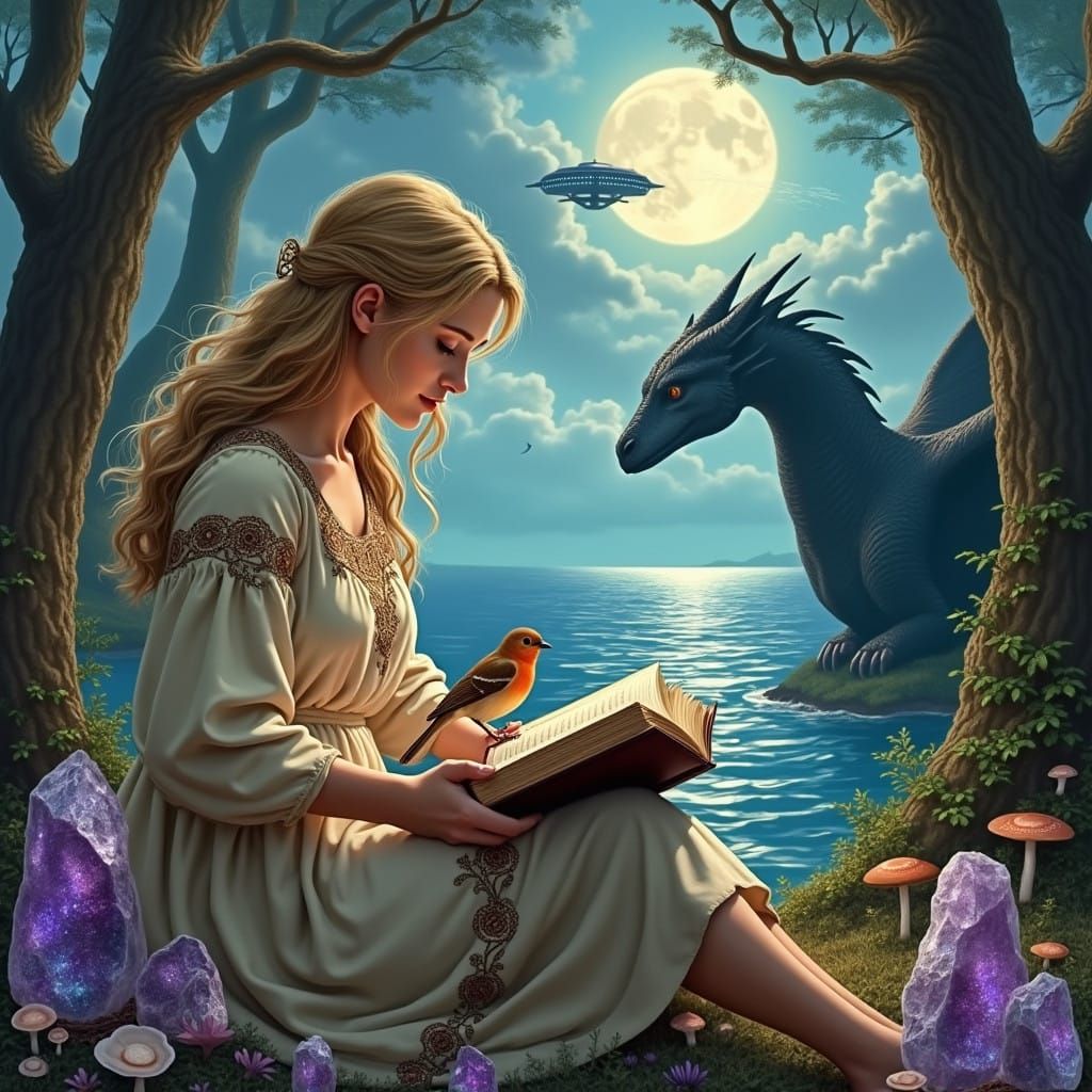 Woman in Lush Forest with Dragon and Robin, Reading by Soft....
