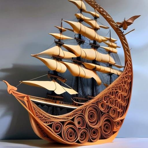 Intricate Paper Art Pirate Ship Sculpture
