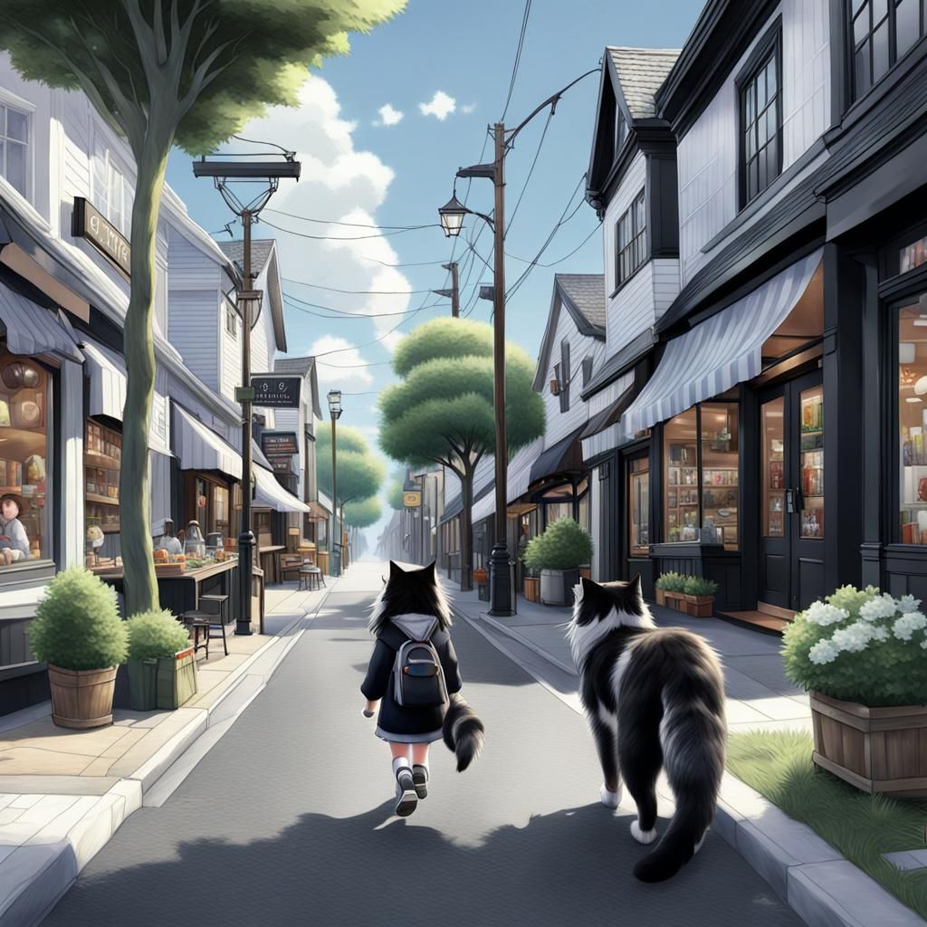 Girl and Maine Coon Stroll Down Main Street in 3D Anime Art