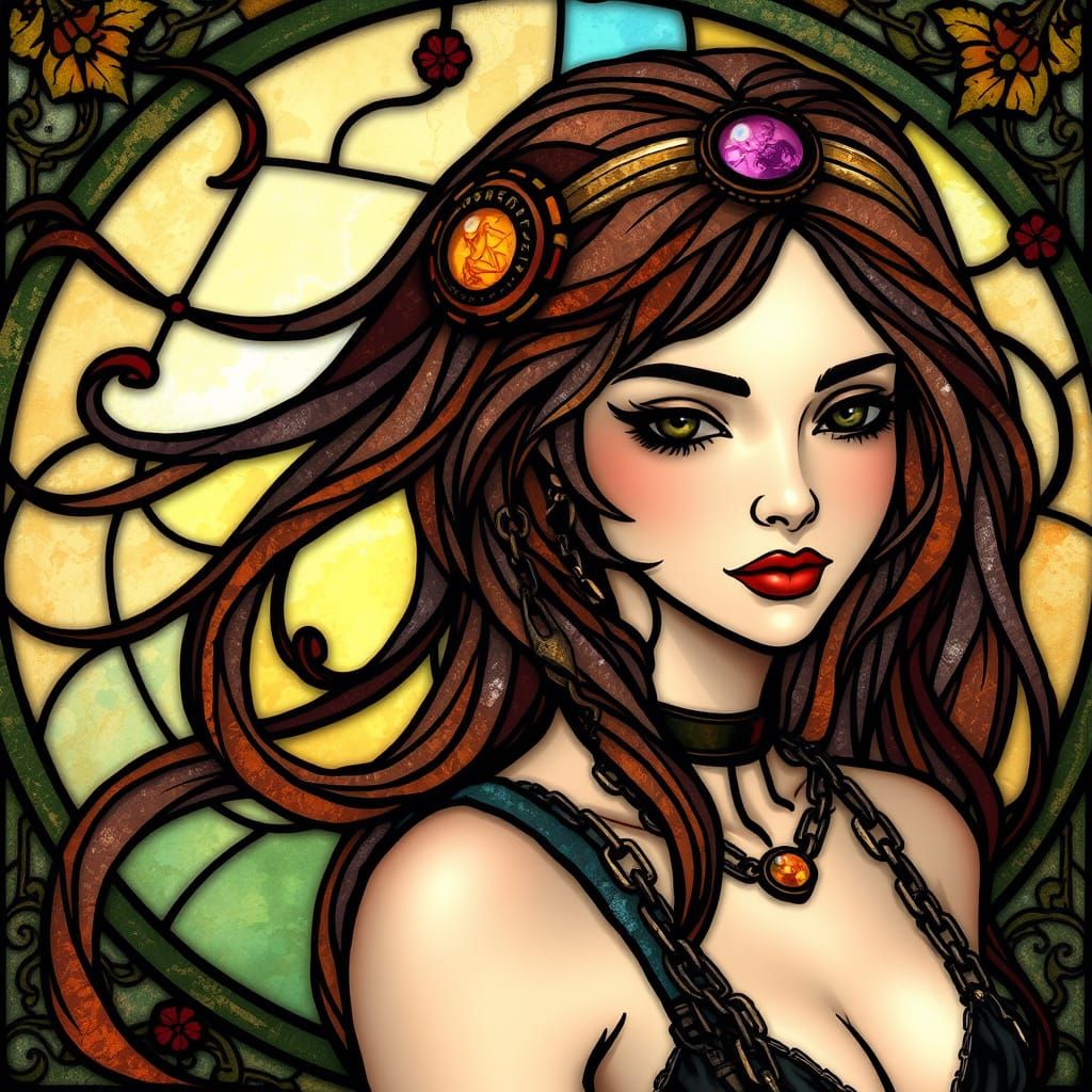Steampunk Woman in Stained Glass Art Nouveau