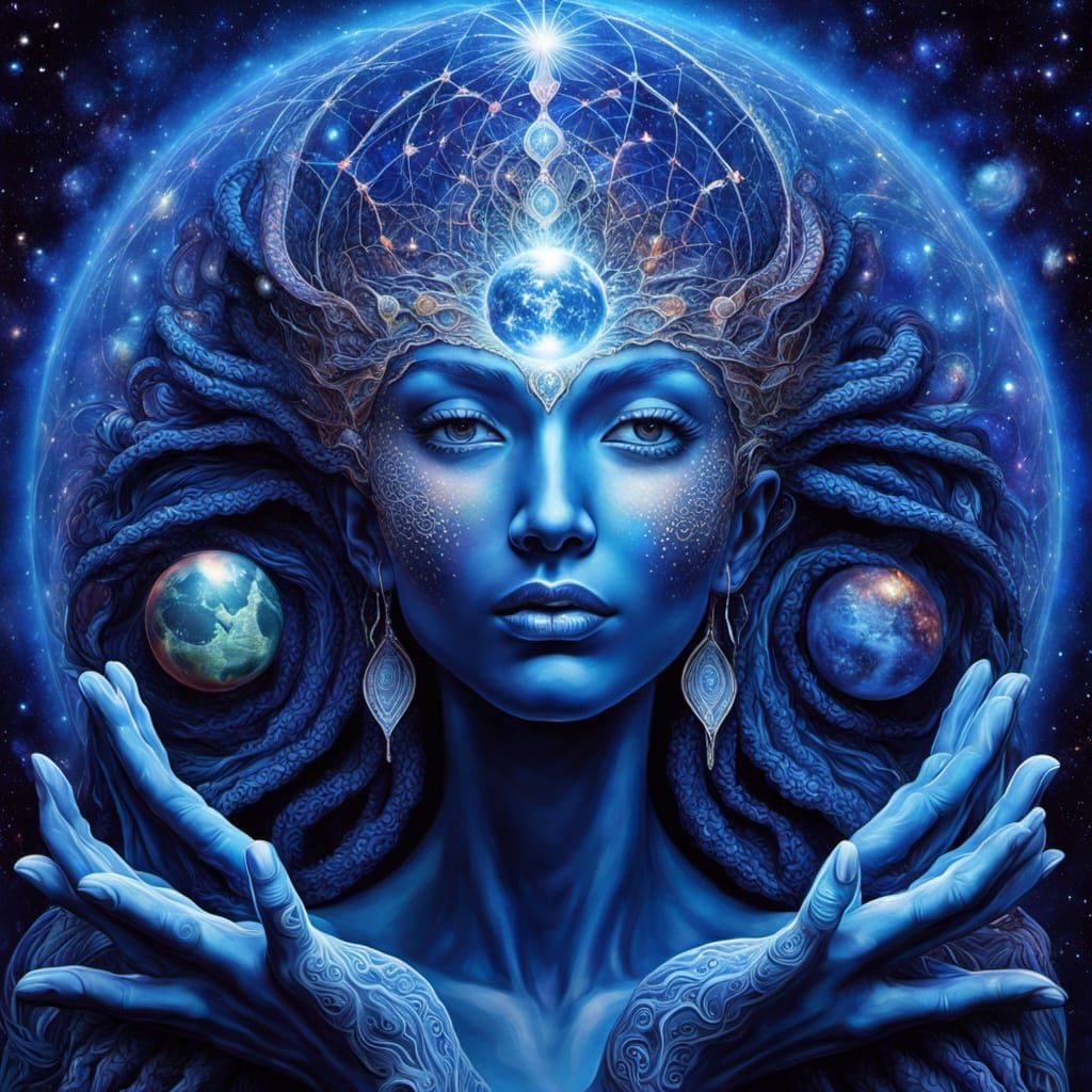 Earth Goddess Cradling Planet in Cosmic Portrait