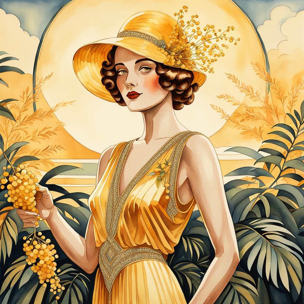 Art Deco Mimosa Lady in Watercolor Style