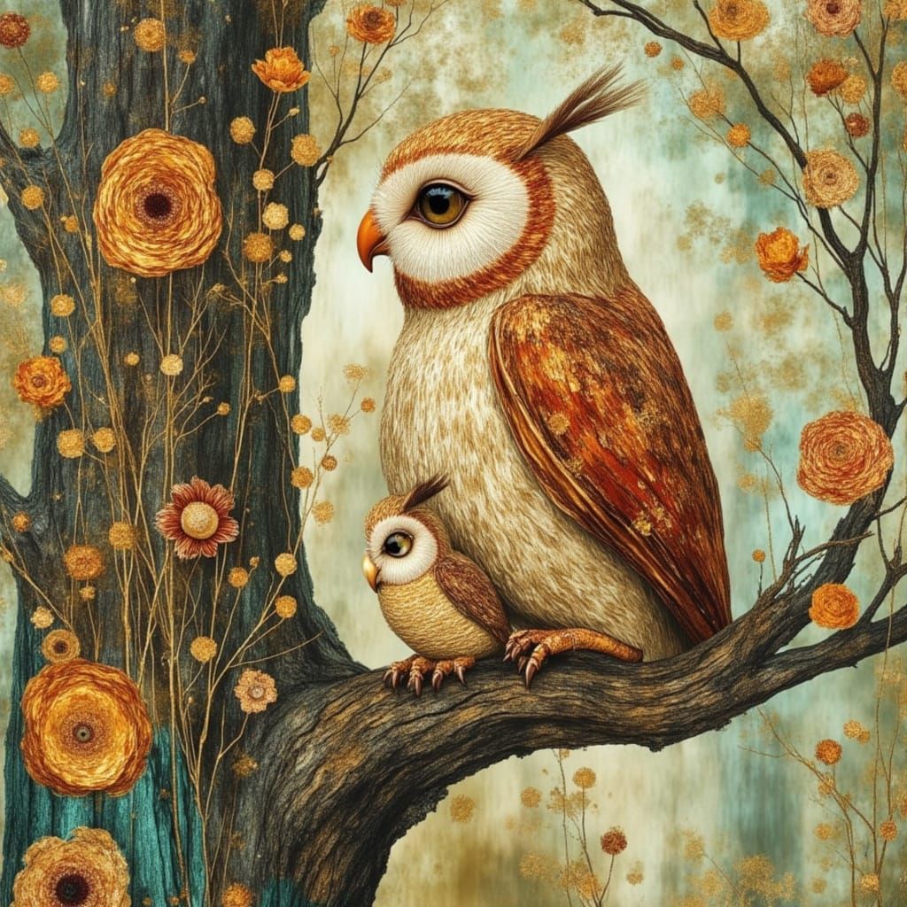 Sisal Owl with Owlet in Whimsical Watercolor Style