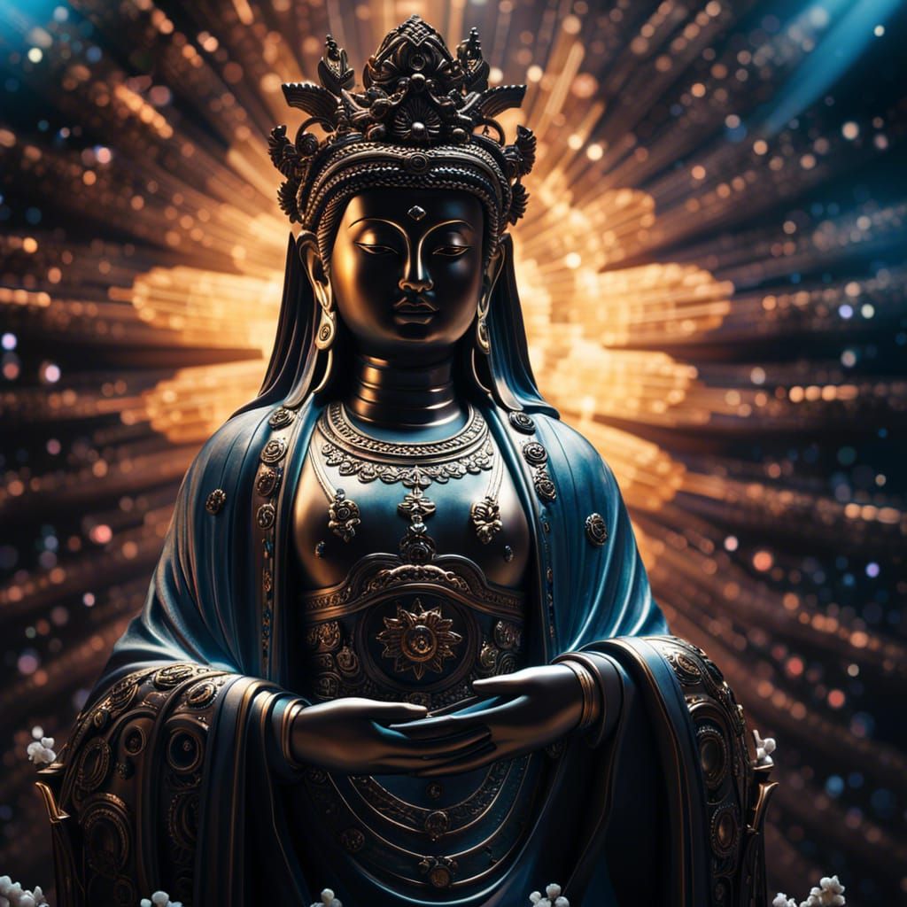 Hyperrealistic Guanyin in Spaceship with God Rays