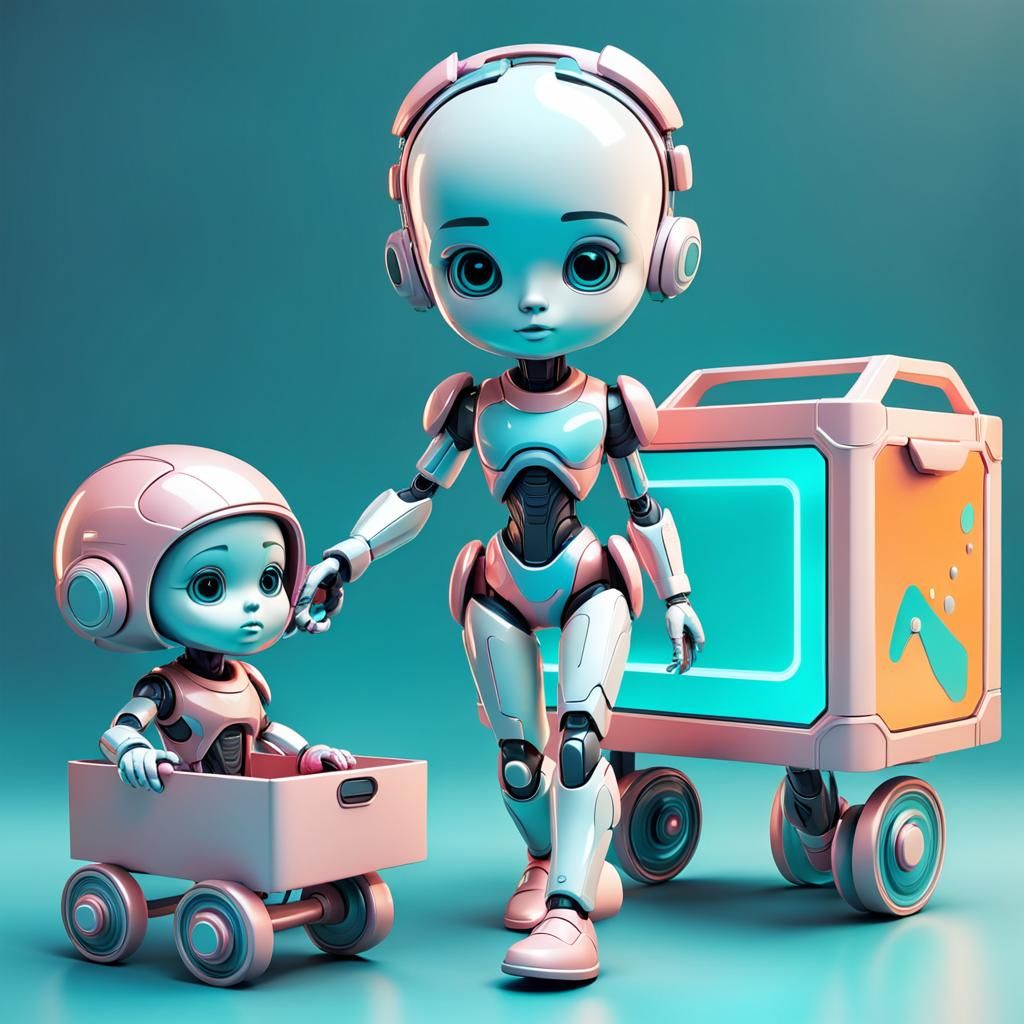 Futuristic Toy Box with Humanoid Girl: 3D Abstract Art
