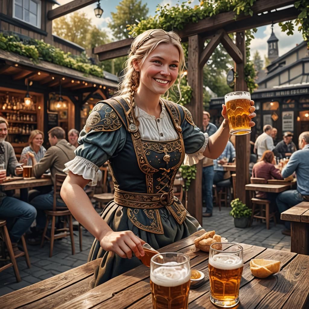 Cozy 3D Beer Garden with Scandinavian Woman