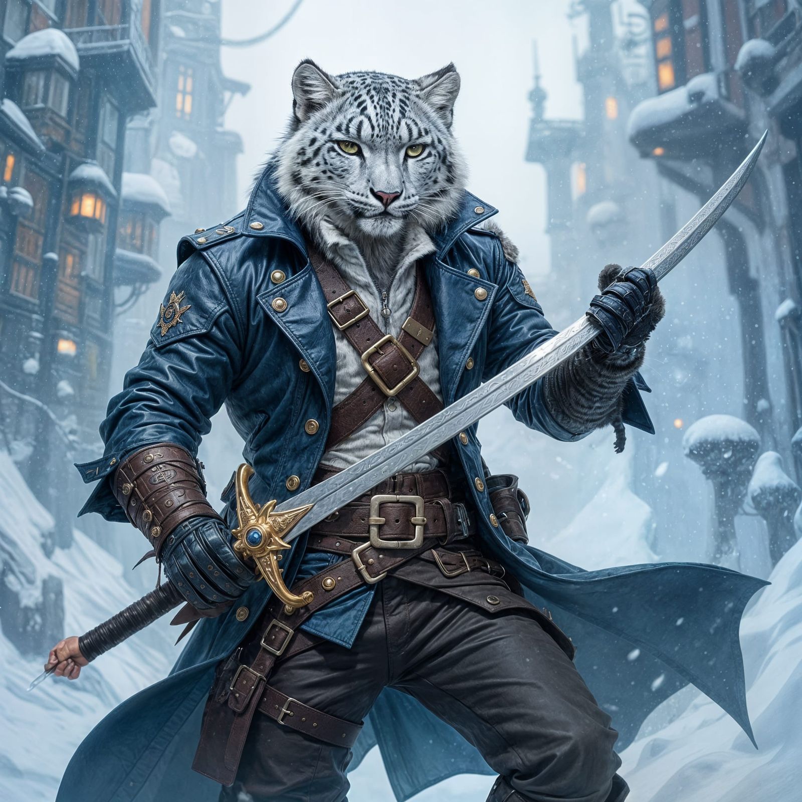 Snow Leopard Pirate Swashbuckler in Industrial Setting