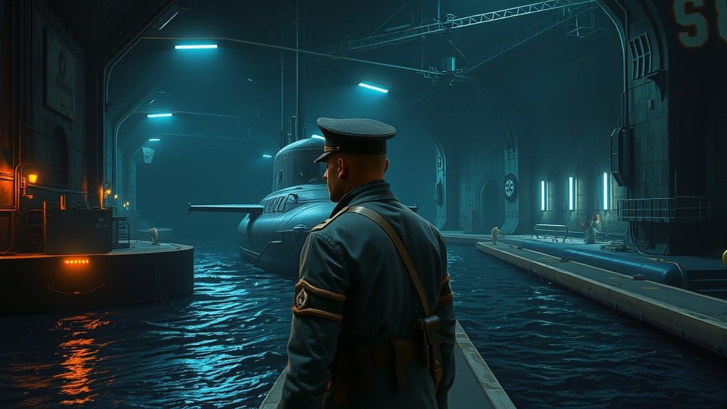 U-96 Submarine Moored in Dock at Night
