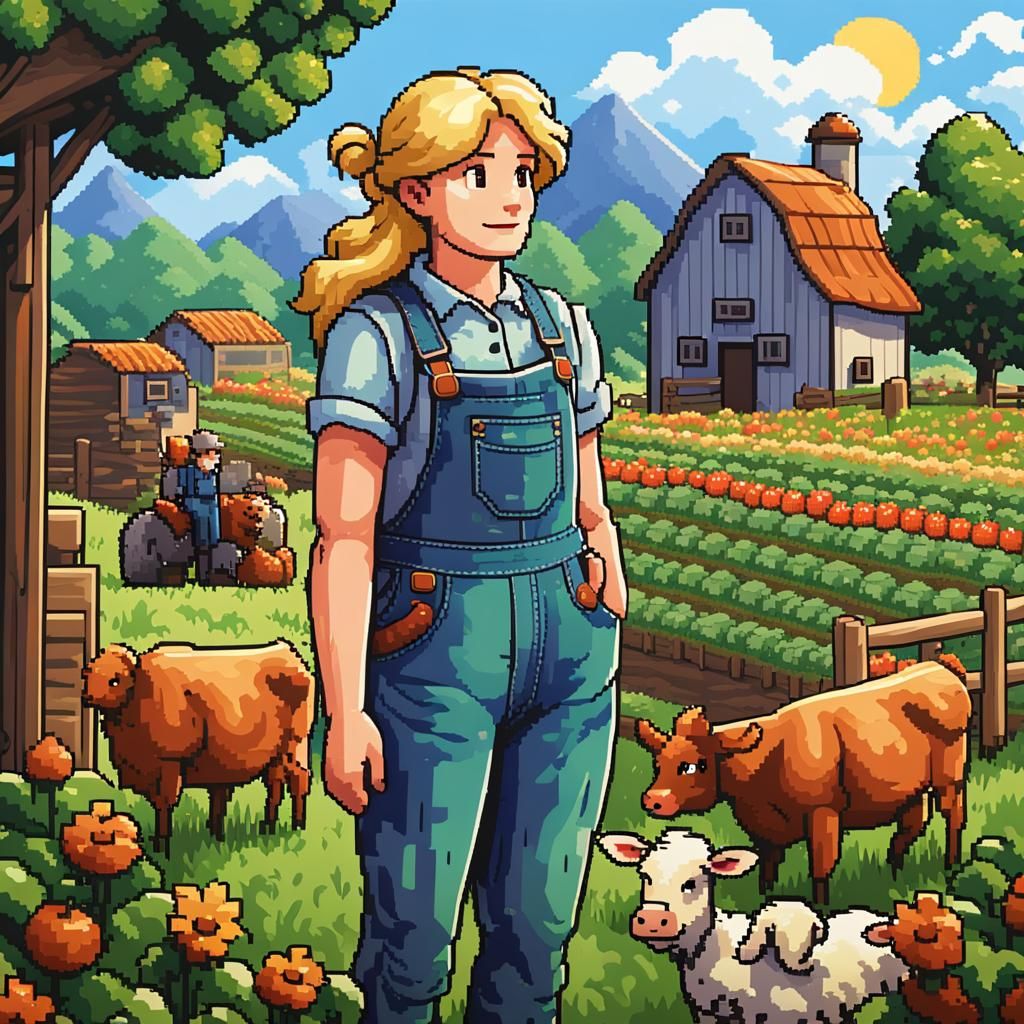 Female Farmer Tending Field in 16-bit Pixel Art