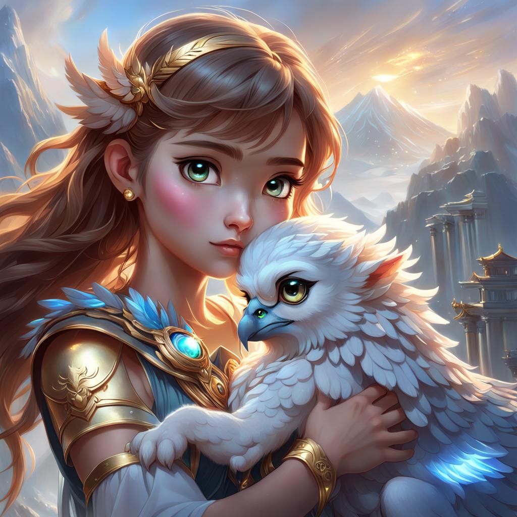 Goddess Hugs Baby Griffin: Digital Art