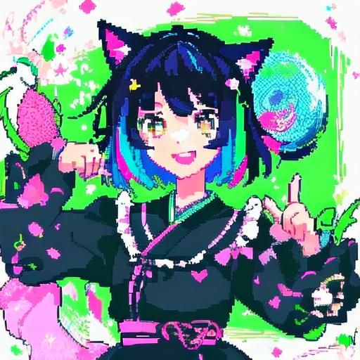 Kawaii Cat Girl Dancing in Pixelated Anime Style