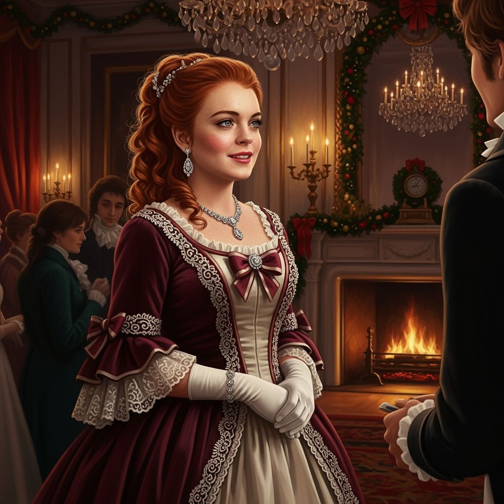 Young Woman as Belle of Christmas Ball in 19th Century Elega...