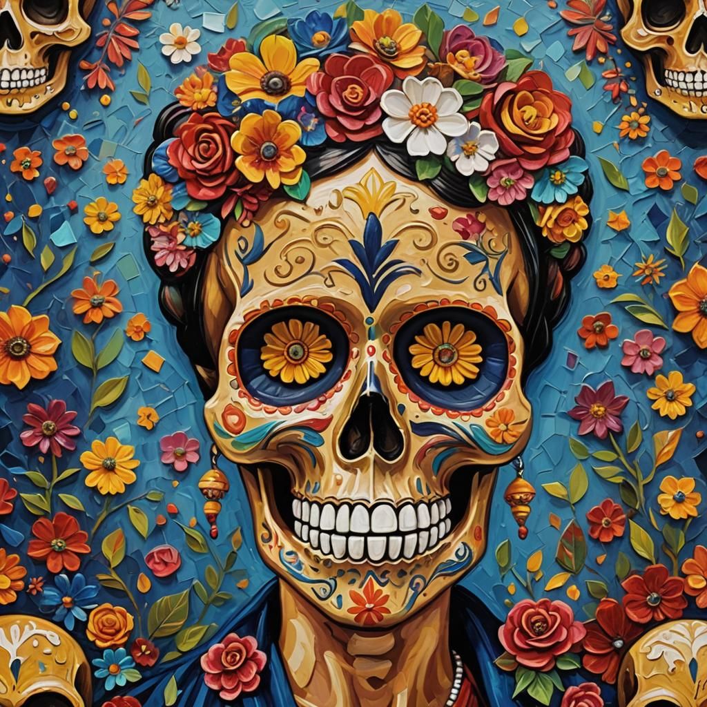 Colorful Day of the Dead Skull in Neo-Impressionist Style
