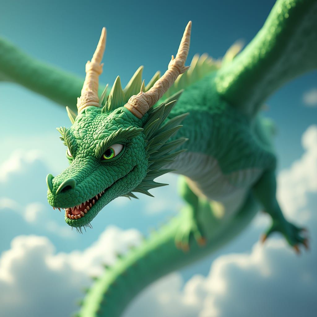 Majestic 3D Green Dragon Soaring in Celestial Sky