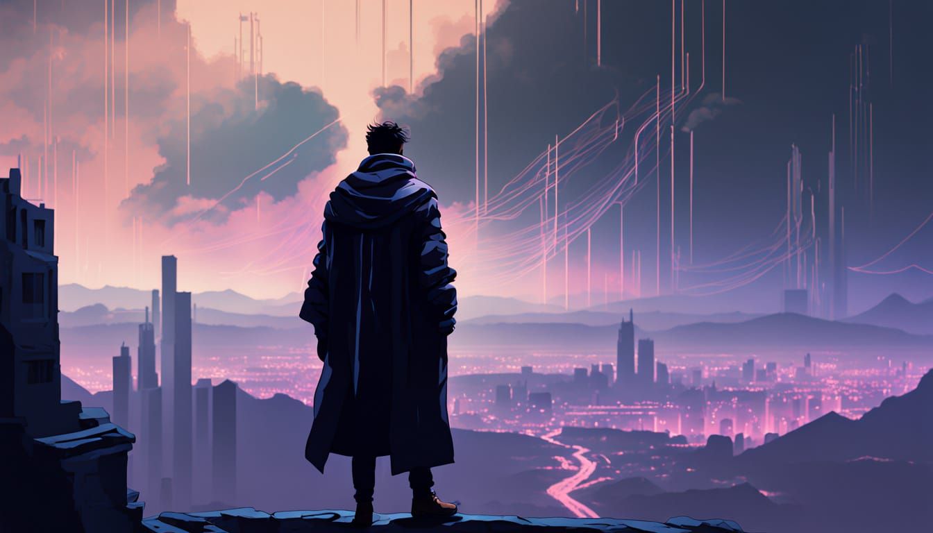 Figure Above Cloud City with Neon Circuitry