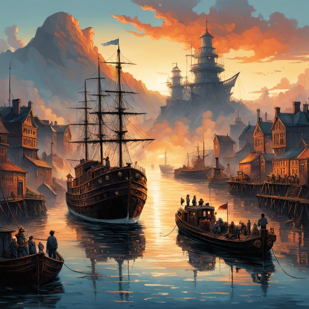 Steampunk Fishing Port at Sunrise