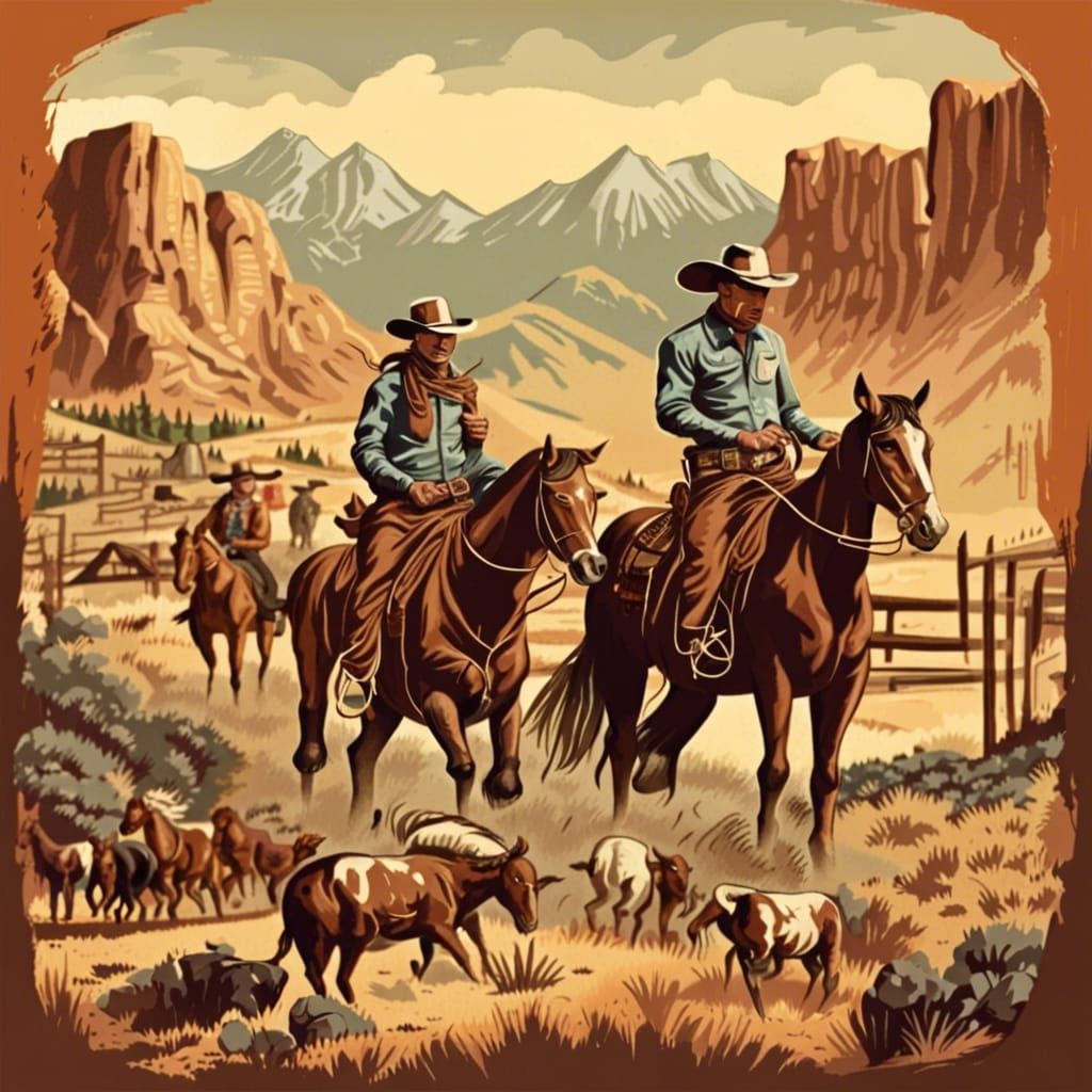 Retro Western Scene with Cowboys and Painted Horses