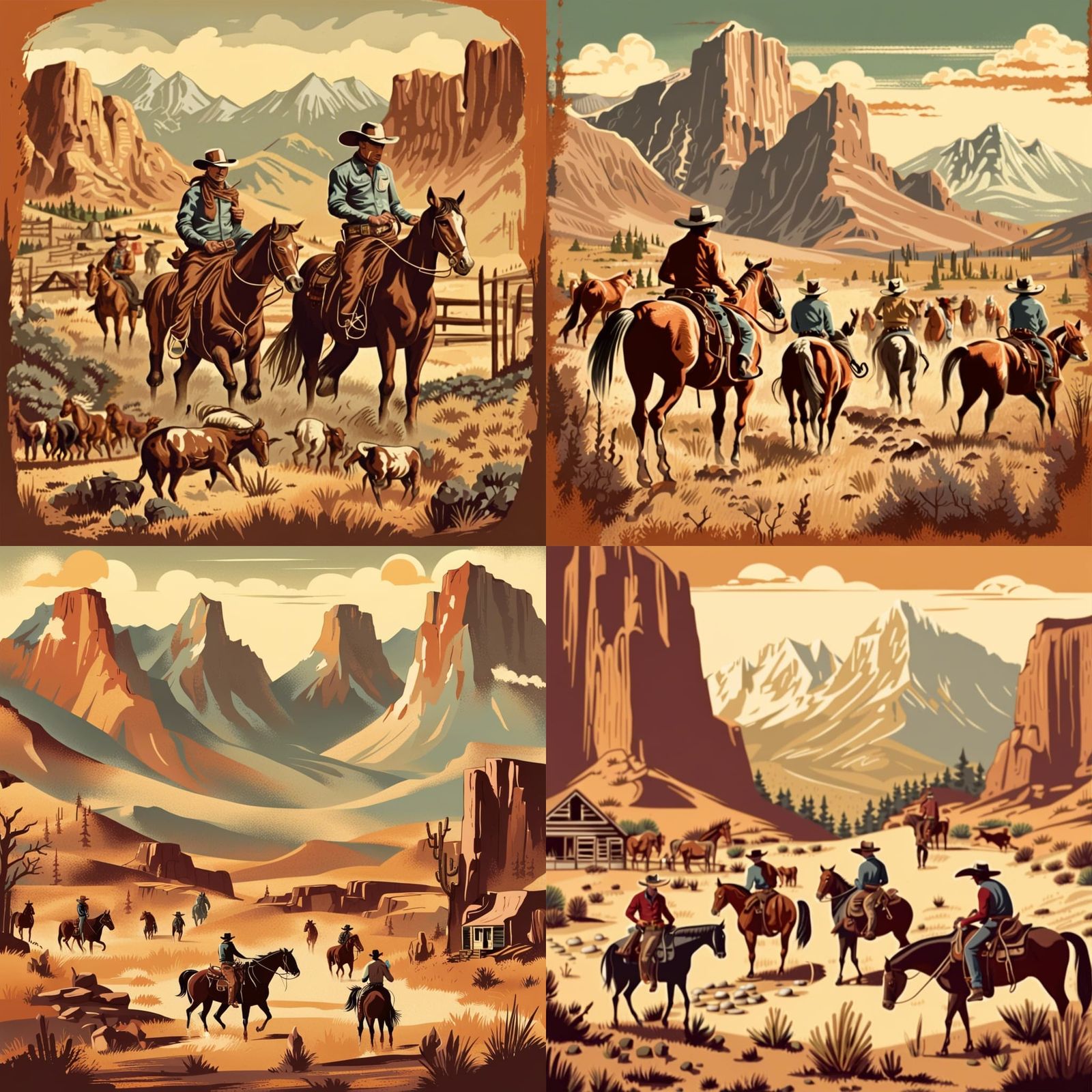 Detailed Retro Illustration of a Western Cowboy Scene
