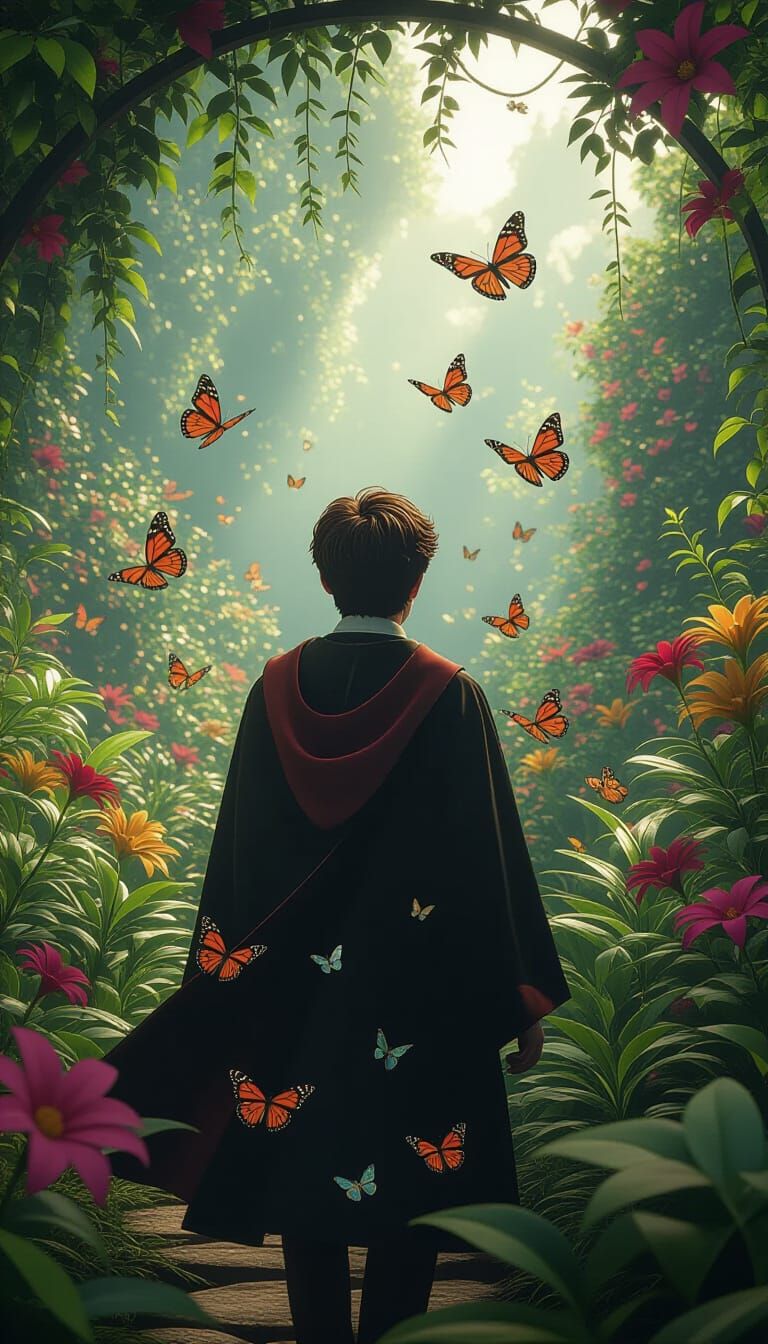Harry Potter in Butterfly Garden, Hyperrealistic 3D Renderin...
