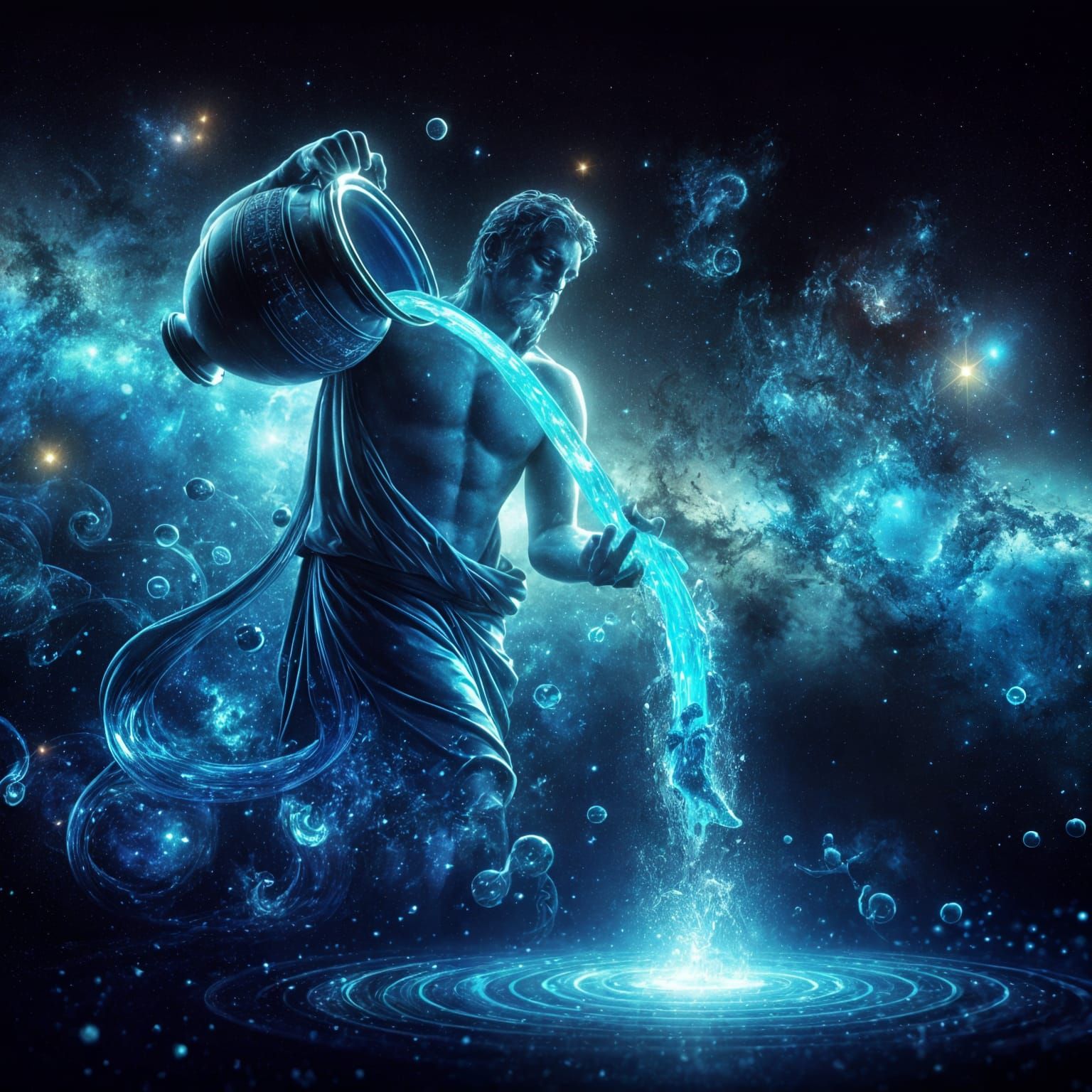 blue hologram of a Water bearer, representing the Aquarius z...