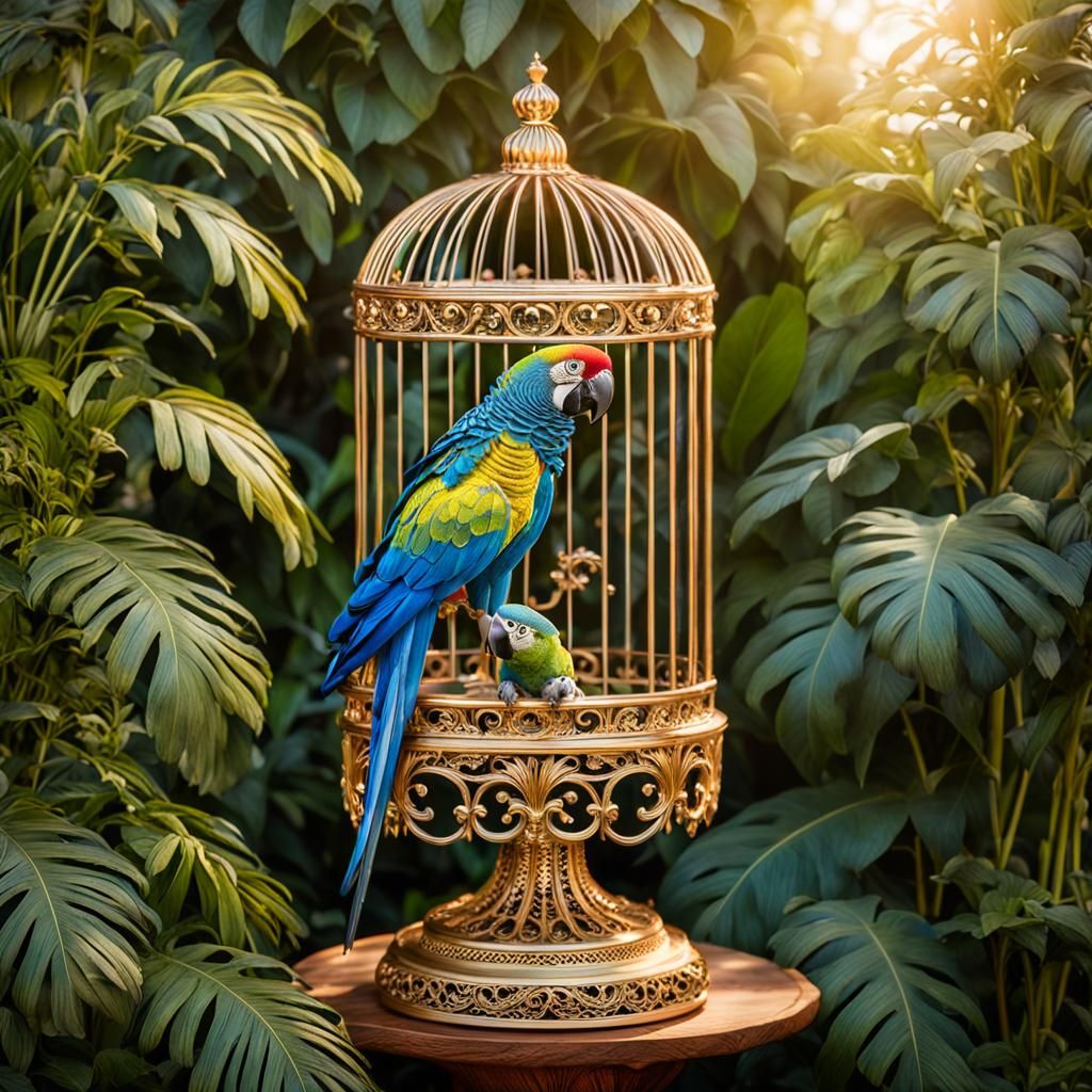 Majestic Macaw in Golden Cage at Sunset