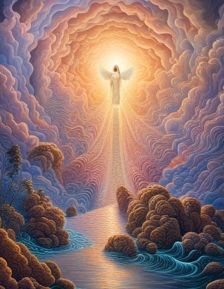 Whimsical Heaven Scene with Intricate Details in Oil Paint S...